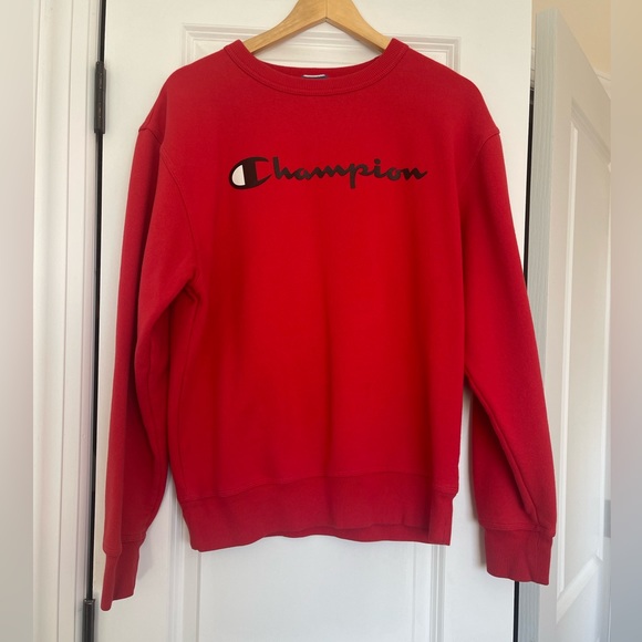 Champion Sweaters - CHAMPION Red Crewneck Sweatshirt Fleece Lined Script Logo